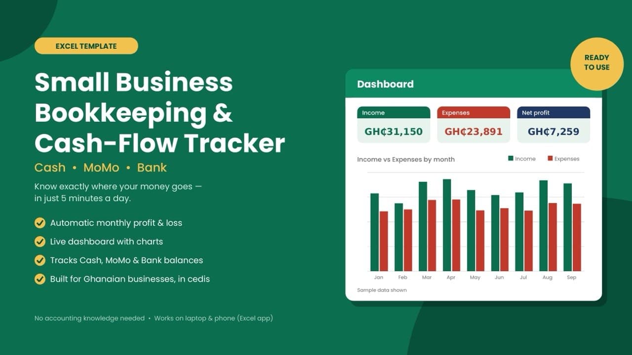 Small Business Bookkeeping Tracker (Cash, MoMo & Bank)